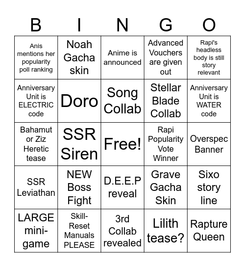 NIKKE 2.5 Anniversary Bingo Card