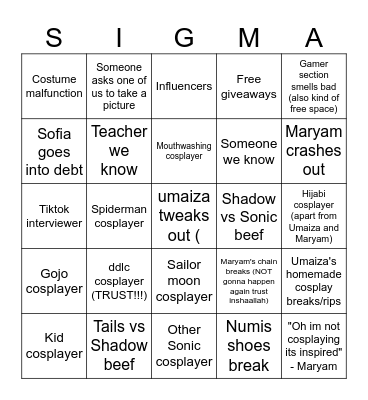 Comicon bingo Card