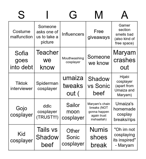 Comicon bingo Card