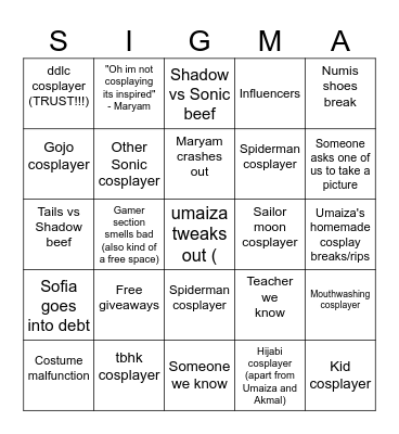 Comicon bingo Card