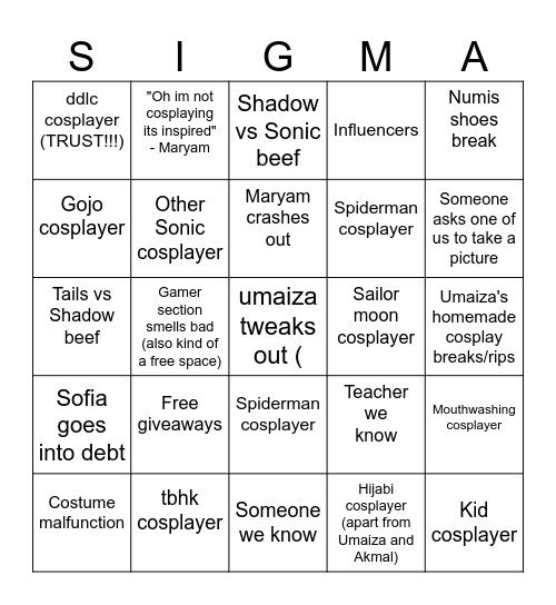 Comicon bingo Card