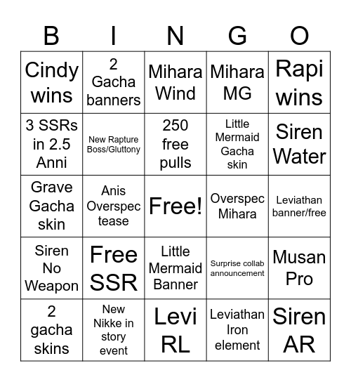Nikke 2.5 Anni Live Steam Bingo Card