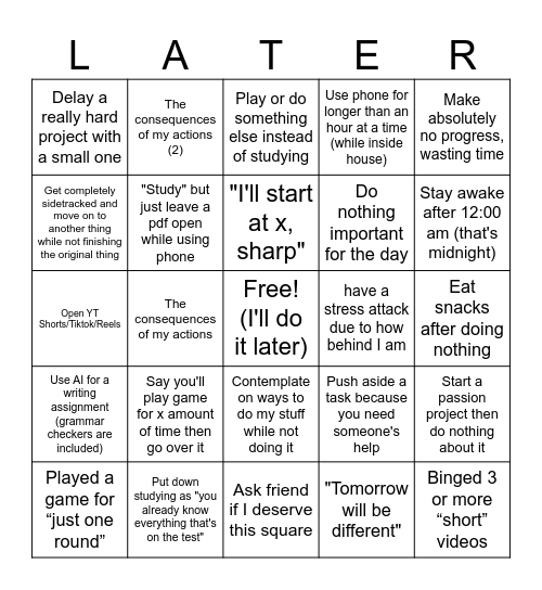 The Procrastination Bingo Card