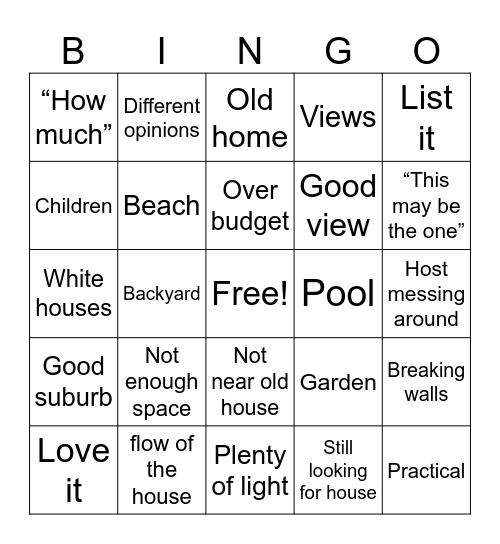 Love it or list it Bingo Card