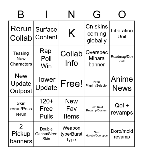 Gogo Nikke 2.5 Bingo Card