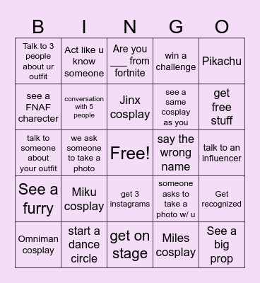 Comic con Bingo Card