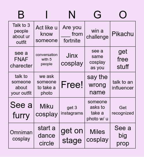 Comic con Bingo Card