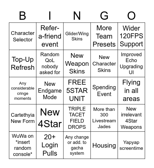 WuWa 2.3 Stream Bingo Card