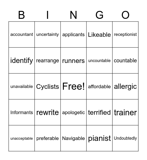 Word form Bingo Card