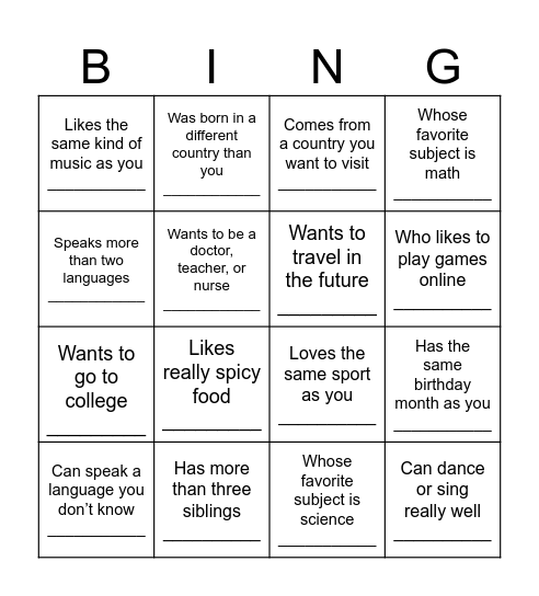 All About Me Bingo Card