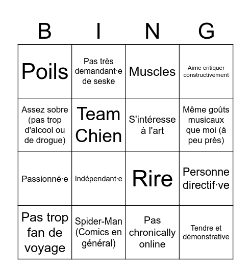 Personne Parfaite Bingo Card