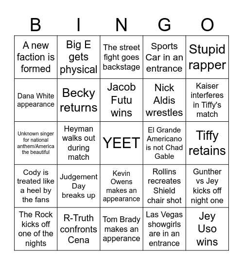 WrestleMania 41 Bingo Card