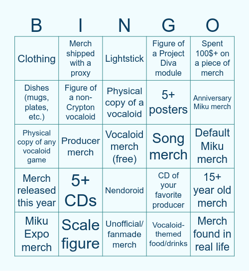 Vocaloid Collector Bingo Card