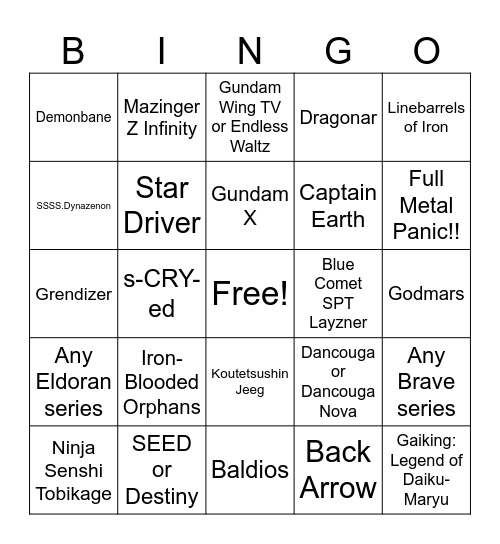 Super Robot Wars Y Bingo Card