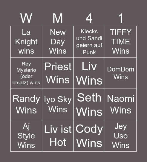 WM 41 Matches Bingo Card