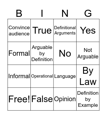 Definitional Argument  Bingo Card