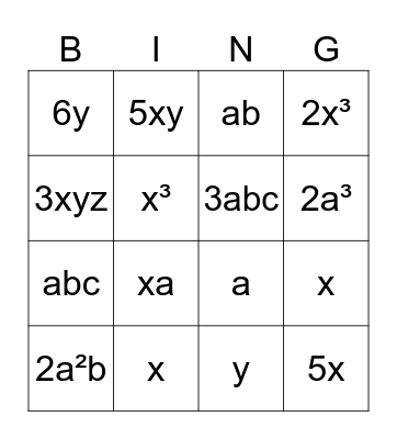 Like terms Bingo Card