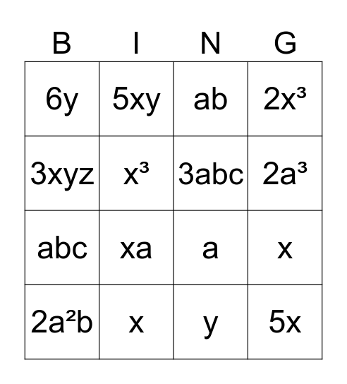 Like terms Bingo Card