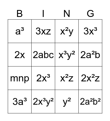 Like terms Bingo Card