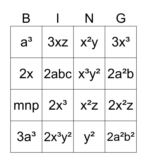 Like terms Bingo Card
