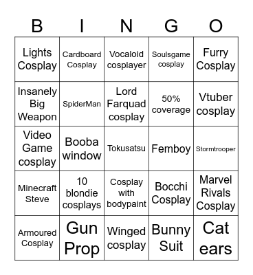 Cosplay Event Bingo Card