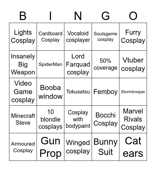 Cosplay Event Bingo Card