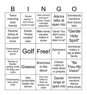 Riley's Wedding Bingo Card