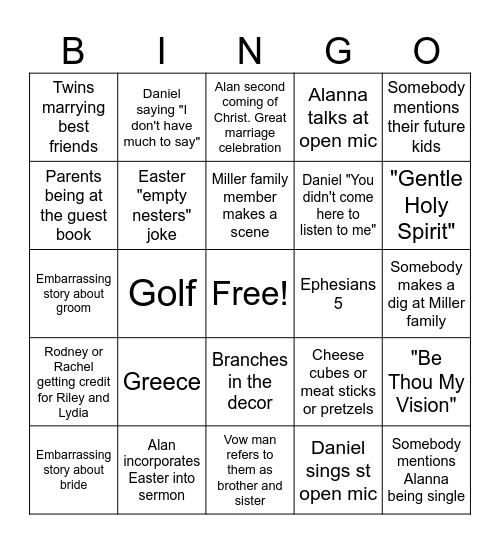 Riley's Wedding Bingo Card