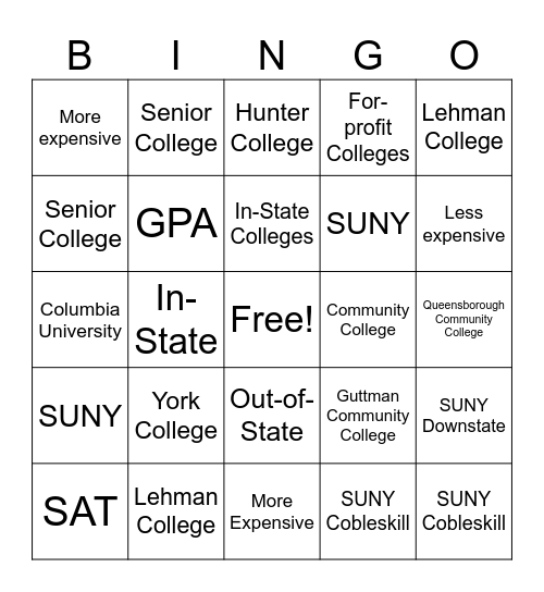College Search BINGO Card