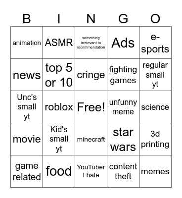 youtube shorts Bingo Card