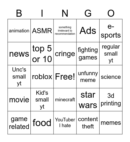 youtube shorts Bingo Card
