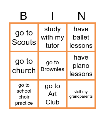 Weekly activities Bingo Card