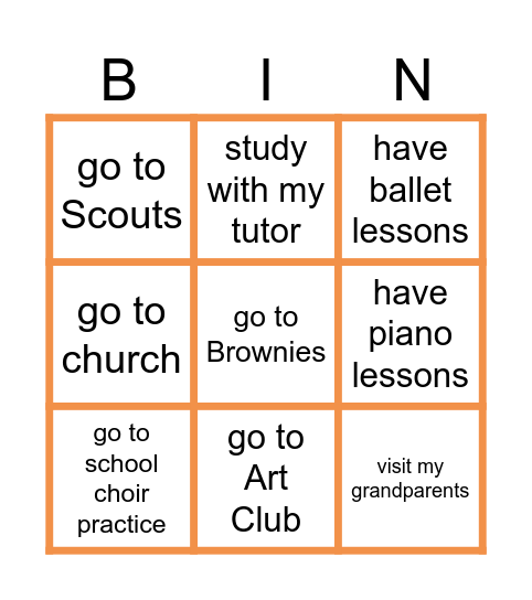 Weekly activities Bingo Card