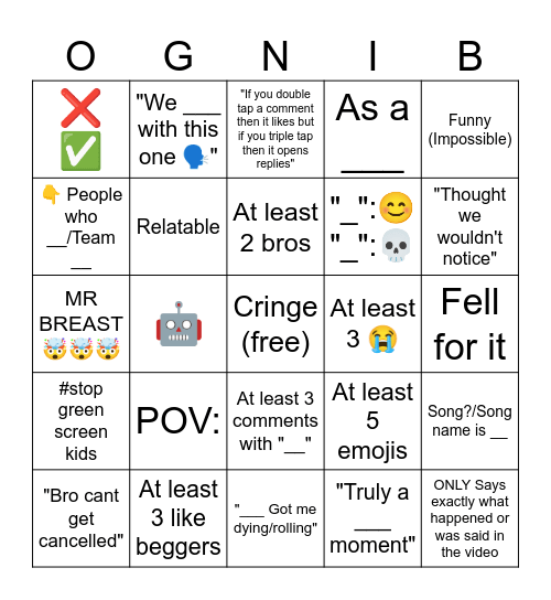 YouTube Shorts Comments Bingo Card