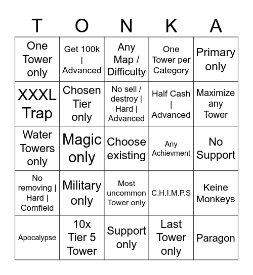 tonka BTD6 B I N G O Bingo Card