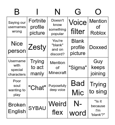 Discord Server Bingo Card
