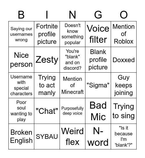 Discord Server Bingo Card