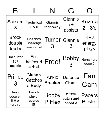 Bucks vs Pacers Bingo Card