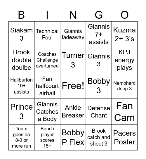 Bucks vs Pacers Bingo Card