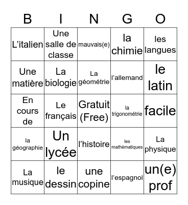 Chapitre 2 Vocabulaire Bingo Card