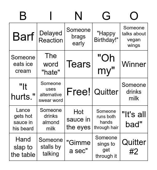 HOT ONES WING CHALLENGE Bingo Card