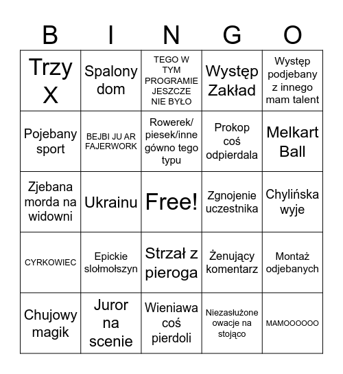 Mam Talent Bingo Card