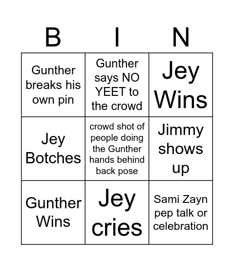 Jey vs Gunter (World Heavyweight Title) Bingo Card