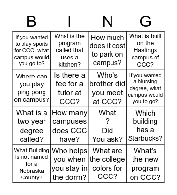 Central Community College Bingo Card