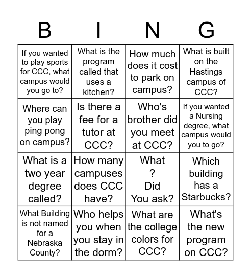 Central Community College Bingo Card