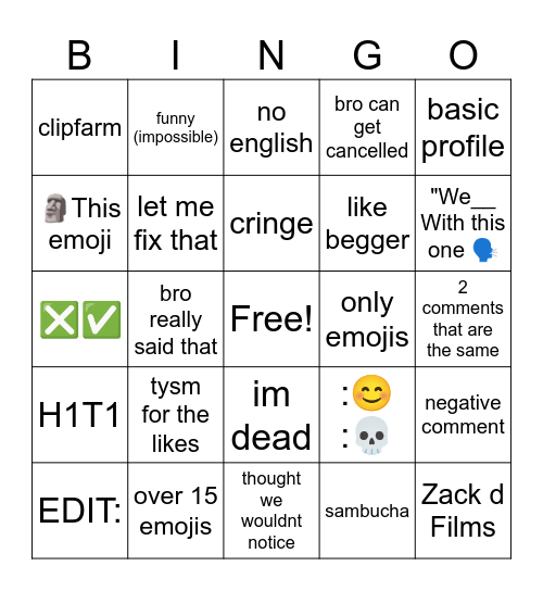 Youtube shorts comments Bingo Card