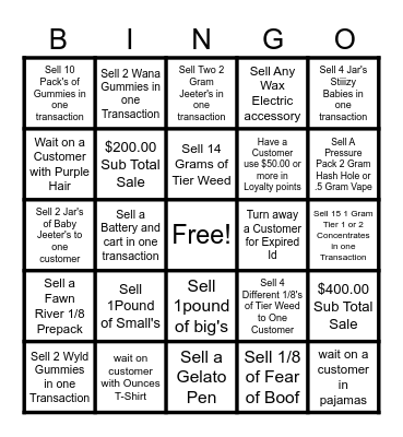 Budtender  BINGO Card