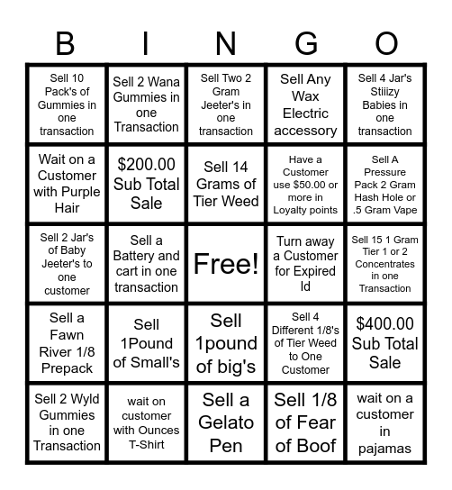 Budtender  BINGO Card