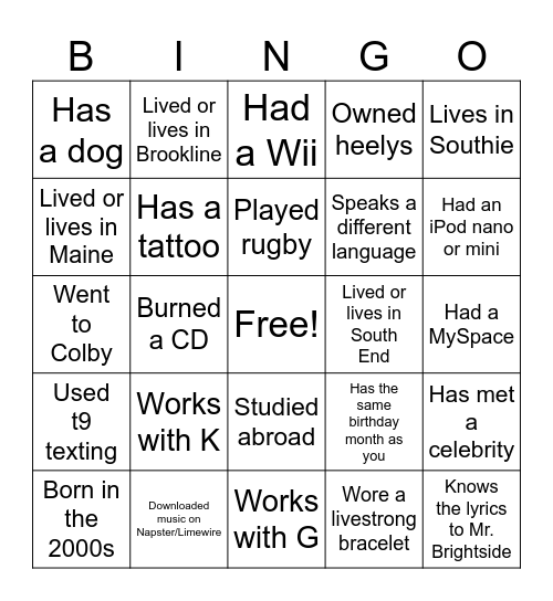 Find Someone Who... (Write Down Name / Initials; Cannot be K or G; Cannot be Same Person Twice) Bingo Card