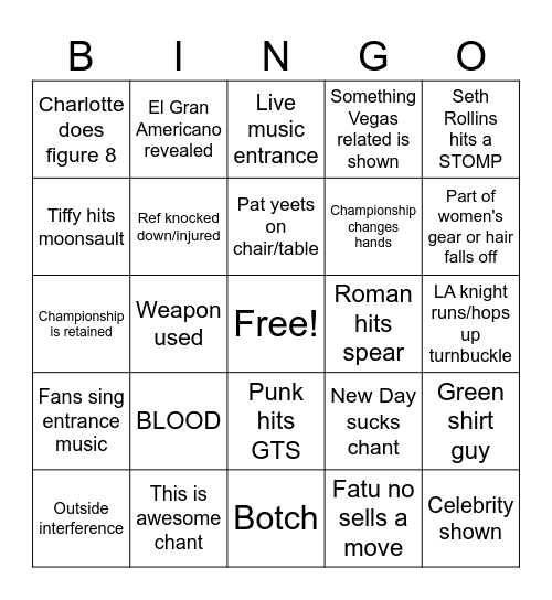 Wrestlemania Night 1 Bingo Card